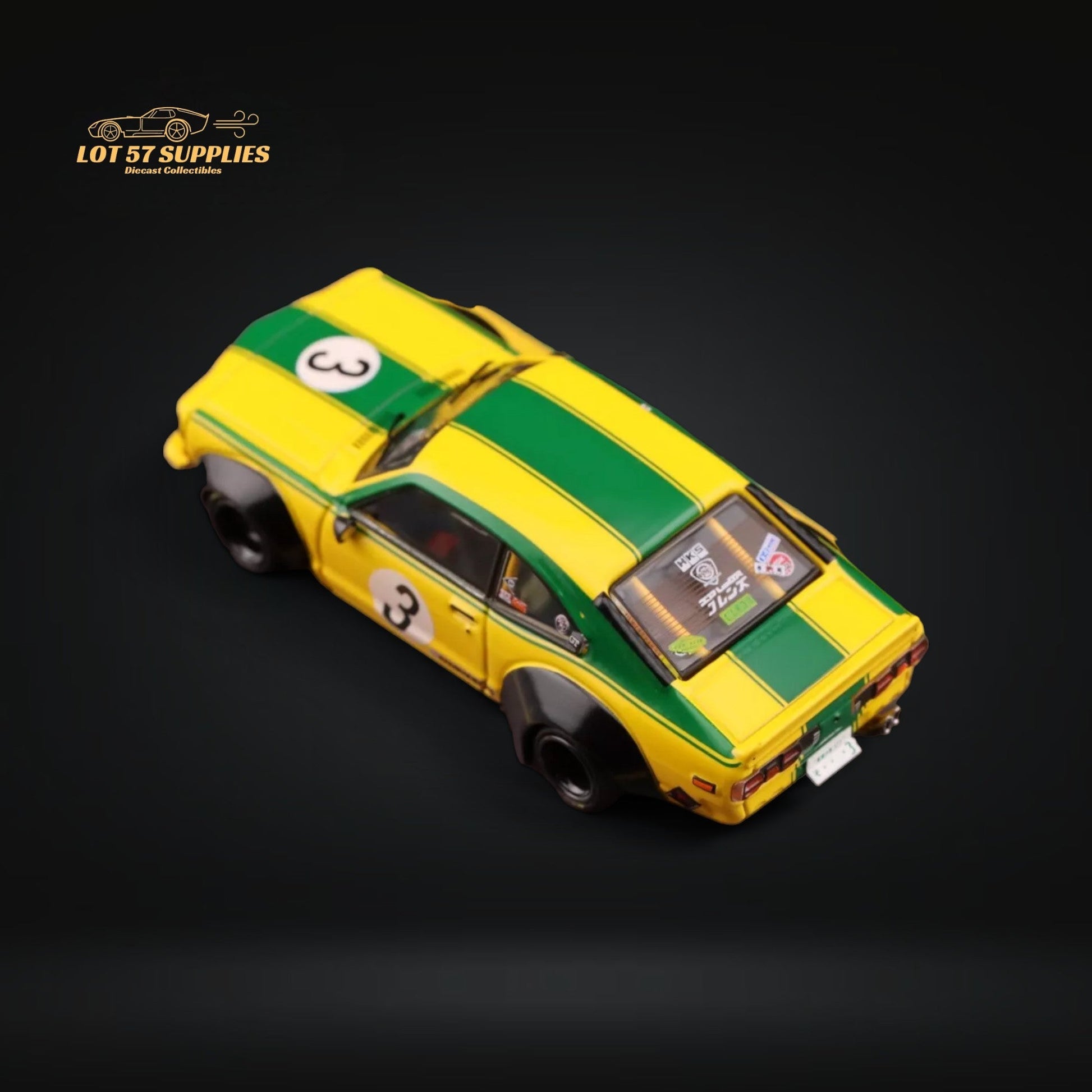 Yellow-green Inno64 Mazda RX-3 Savanna LBWK diecast model in 1:64 scale, detailed view of the Mazda collectible car.