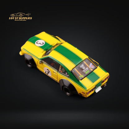 Yellow-green Inno64 Mazda RX-3 Savanna LBWK diecast model in 1:64 scale, detailed view of the Mazda collectible car.