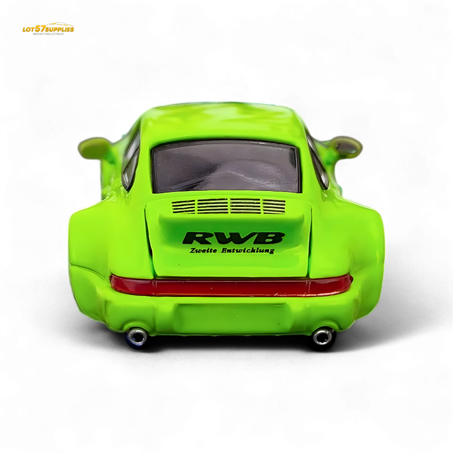 Green Porsche 964 RWB Ducktail diecast car in 1:64 scale, featuring detailed design and vibrant fluorescent green color.