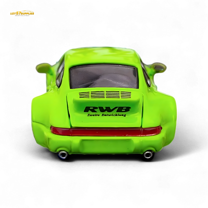 Green Porsche 964 RWB Ducktail diecast car in 1:64 scale, featuring detailed design and vibrant fluorescent green color.