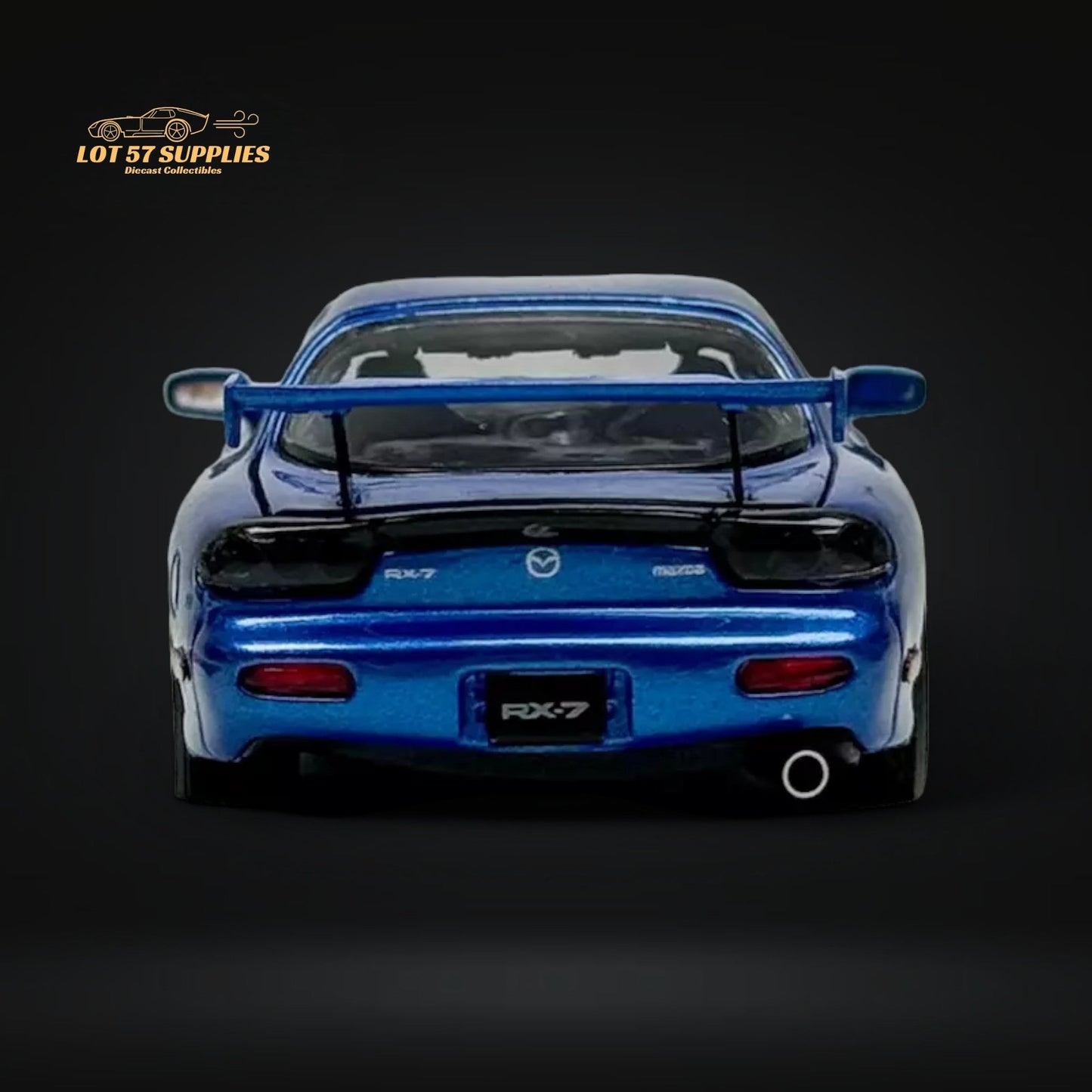 Metallic blue Mazda RX-7 FD3S diecast model in 1:64 scale by Lot57Supplies, detailed miniature car with realistic features.