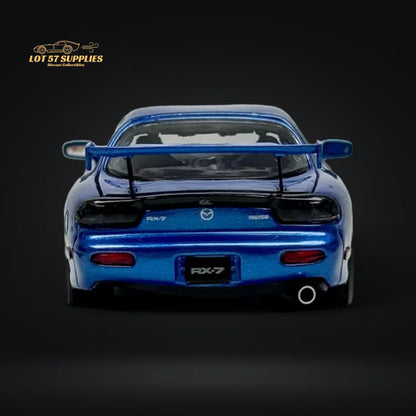 Metallic blue Mazda RX-7 FD3S diecast model in 1:64 scale by Lot57Supplies, detailed miniature car with realistic features.