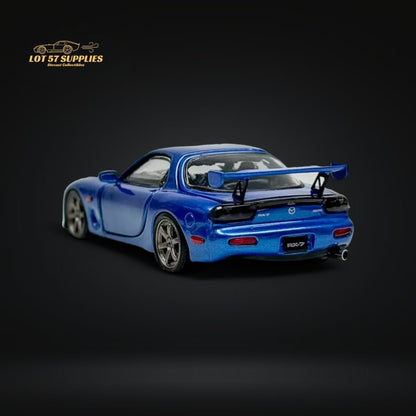 Metallic blue Mazda RX-7 FD3S diecast model by Lot57Supplies, detailed 1:64 scale Mazda car with realistic features.