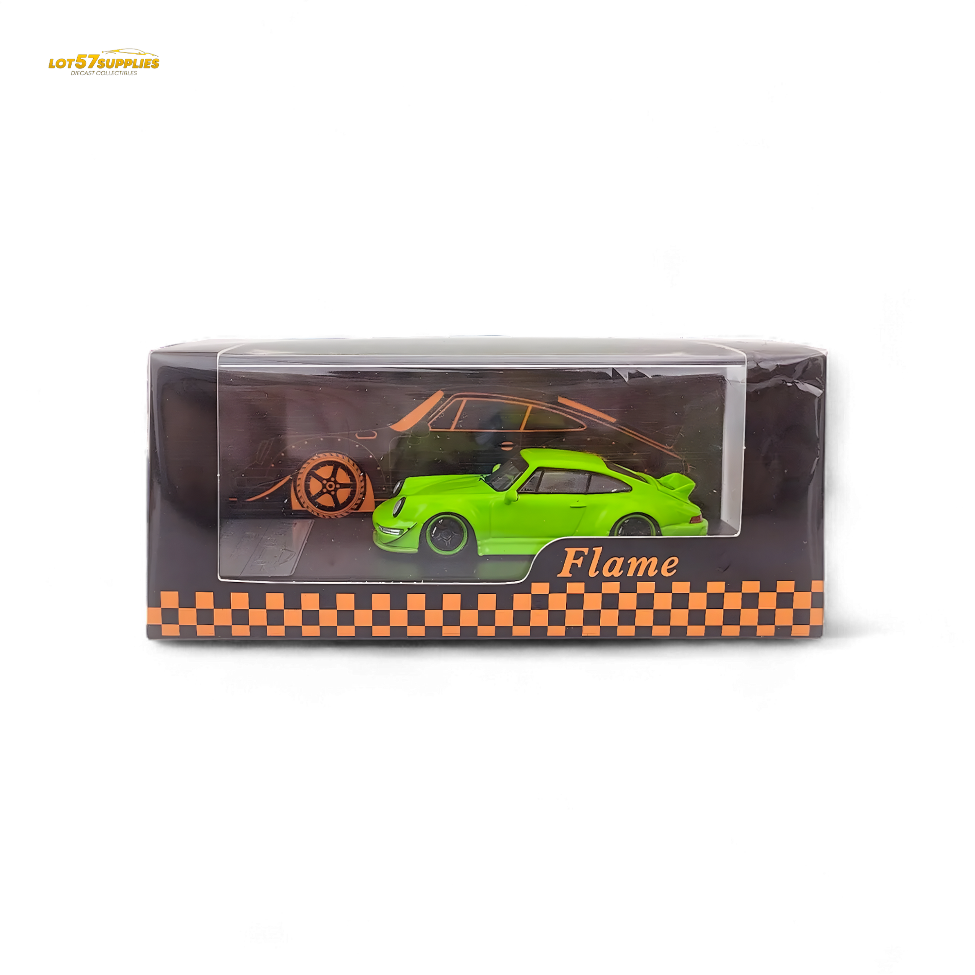 Flame green Porsche 964 RWB ducktail diecast model car in 1:64 scale from Lot57Supplies Diecast Shop
