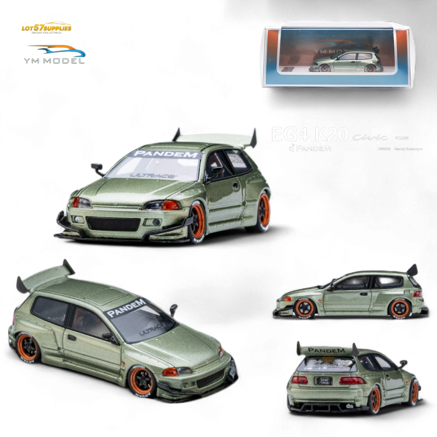 Bronze green 1:64 scale Honda Civic EG4 K20 model car by Lot57Supplies Diecast Shop, detailed diecast Honda vehicle with modified features.