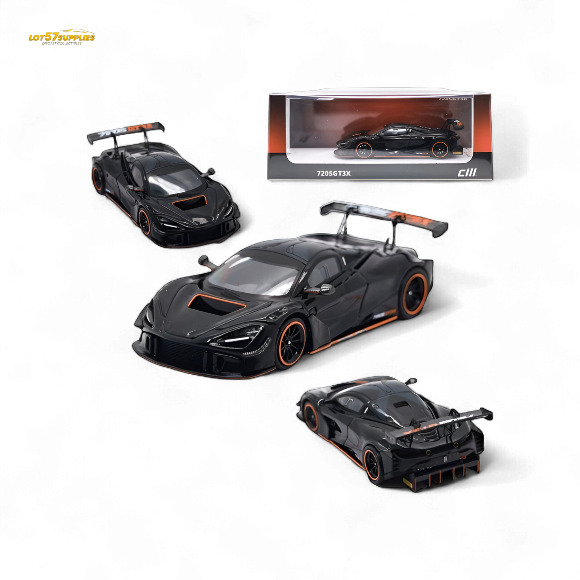 Black McLaren 720S GT3X diecast model in 1:64 scale by Lot57Supplies. Detailed miniature car with sleek design and racing features.