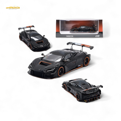 Black McLaren 720S GT3X diecast model in 1:64 scale by Lot57Supplies. Detailed miniature car with sleek design and racing features.
