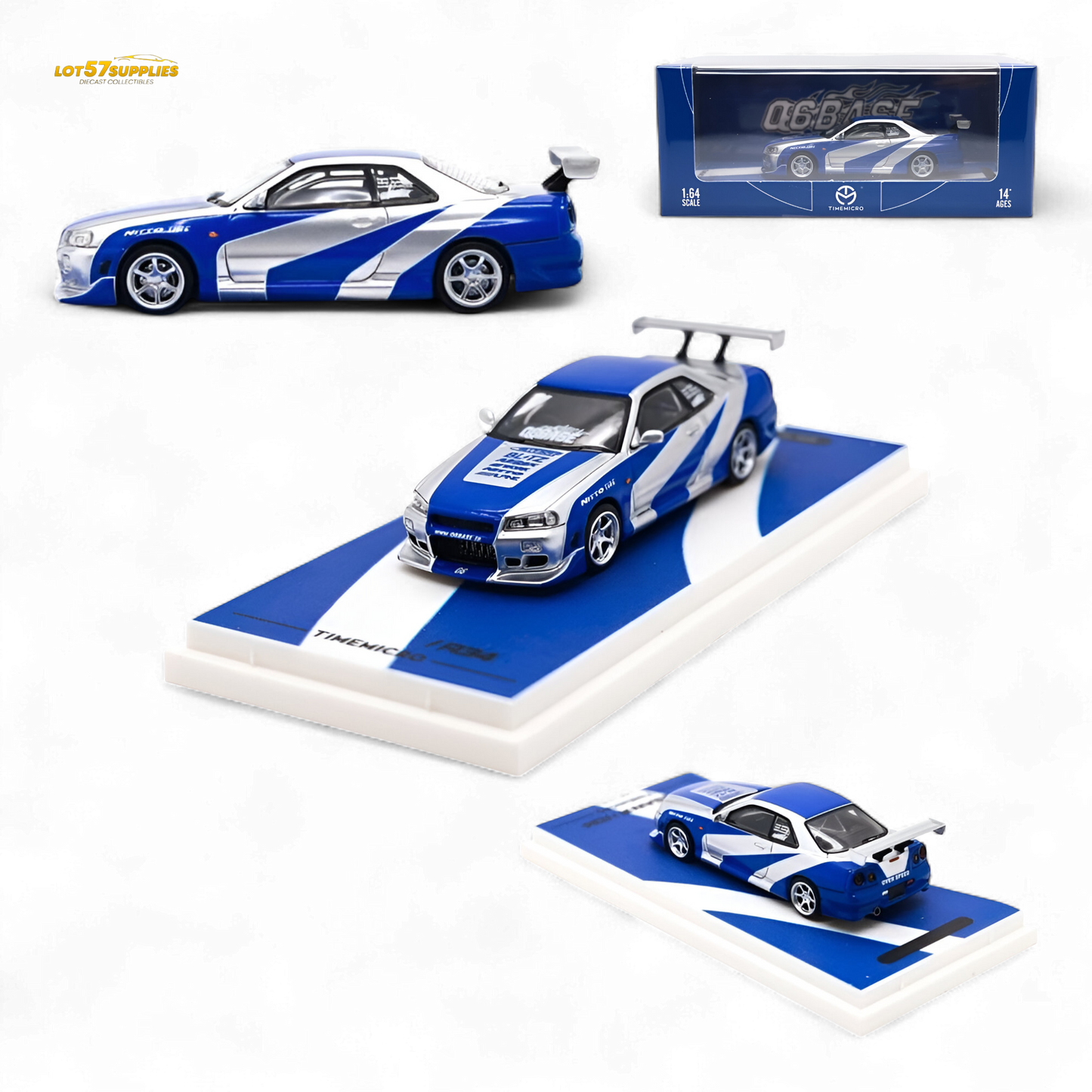 TimeMicro Skyline GT-R R34 Blue Silver 1:64 - Evergreen Kings