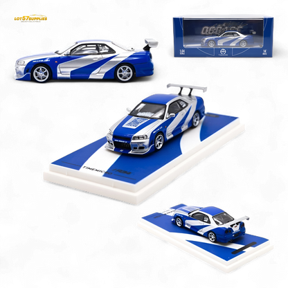 TimeMicro Skyline GT-R R34 Blue Silver 1:64 - Evergreen Kings