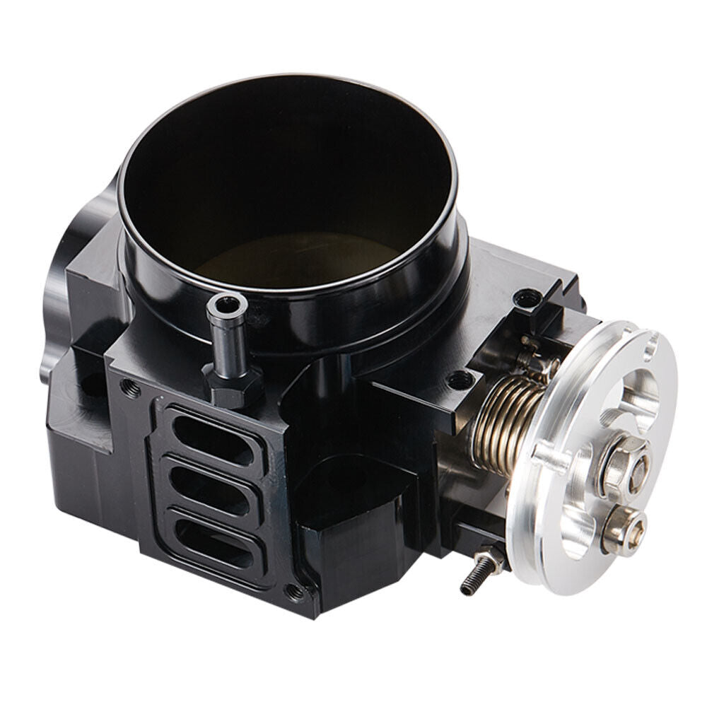 Black 70mm billet aluminum throttle body for K20 RSX DC5 Civic Si EP3 by Speedzone Performance LLC, shown in the image.
