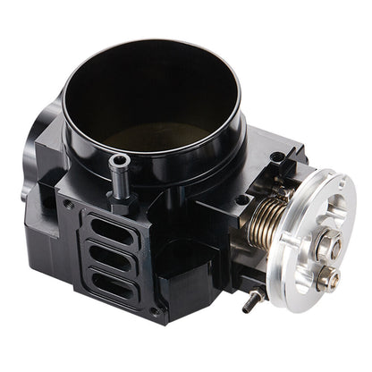 Black 70mm billet aluminum throttle body for K20 RSX DC5 Civic Si EP3 by Speedzone Performance LLC, shown in the image.