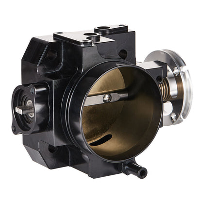 Black 70mm billet aluminum throttle body for Honda Civic Si EP3 and K20 RSX DC5 by Speedzone Performance LLC.