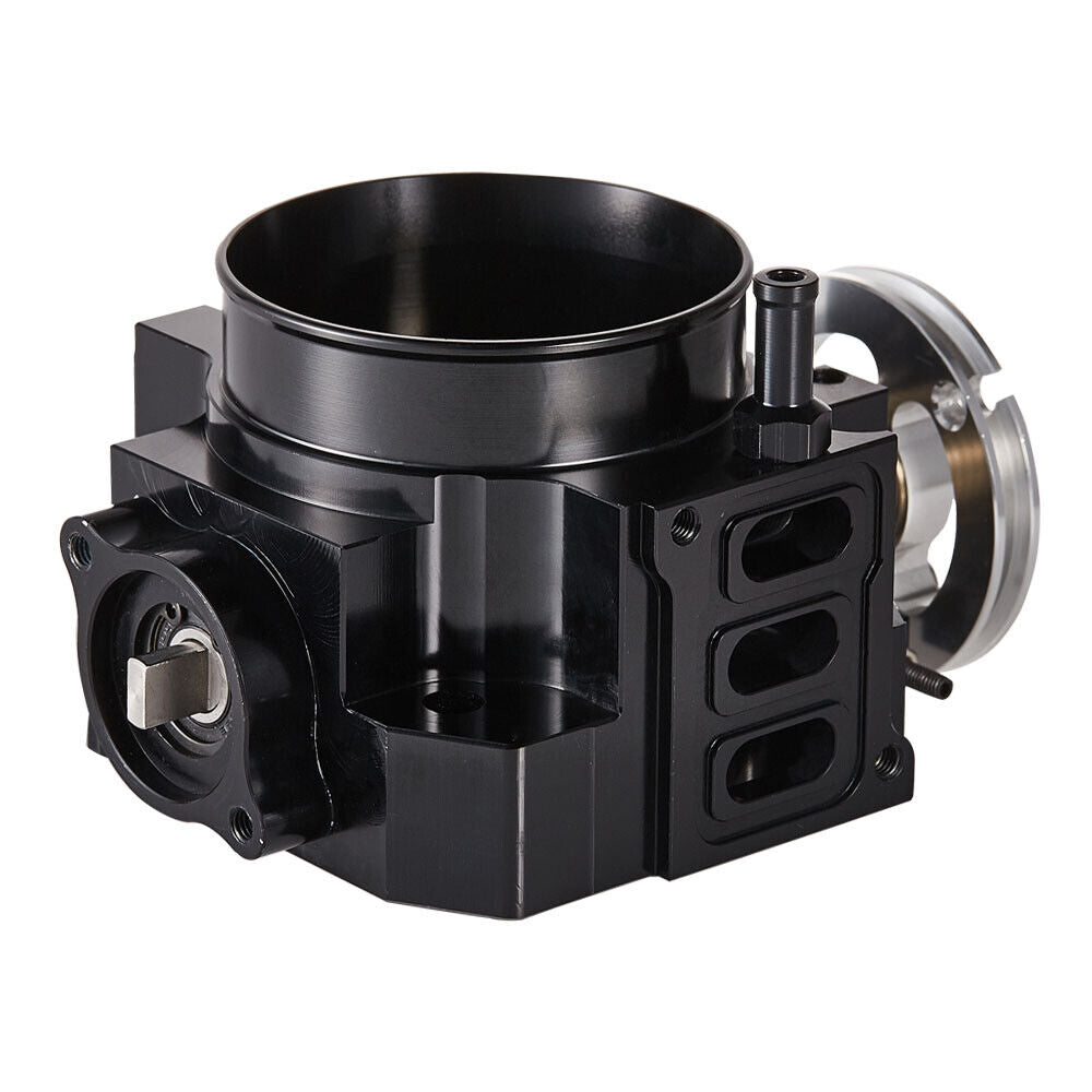 Black 70mm billet aluminum throttle body for Honda Civic Si EP3 and DC5 K20 RSX from Speedzone Performance LLC.