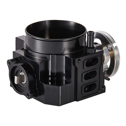 Black 70mm billet aluminum throttle body for Honda Civic Si EP3 and DC5 K20 RSX from Speedzone Performance LLC.