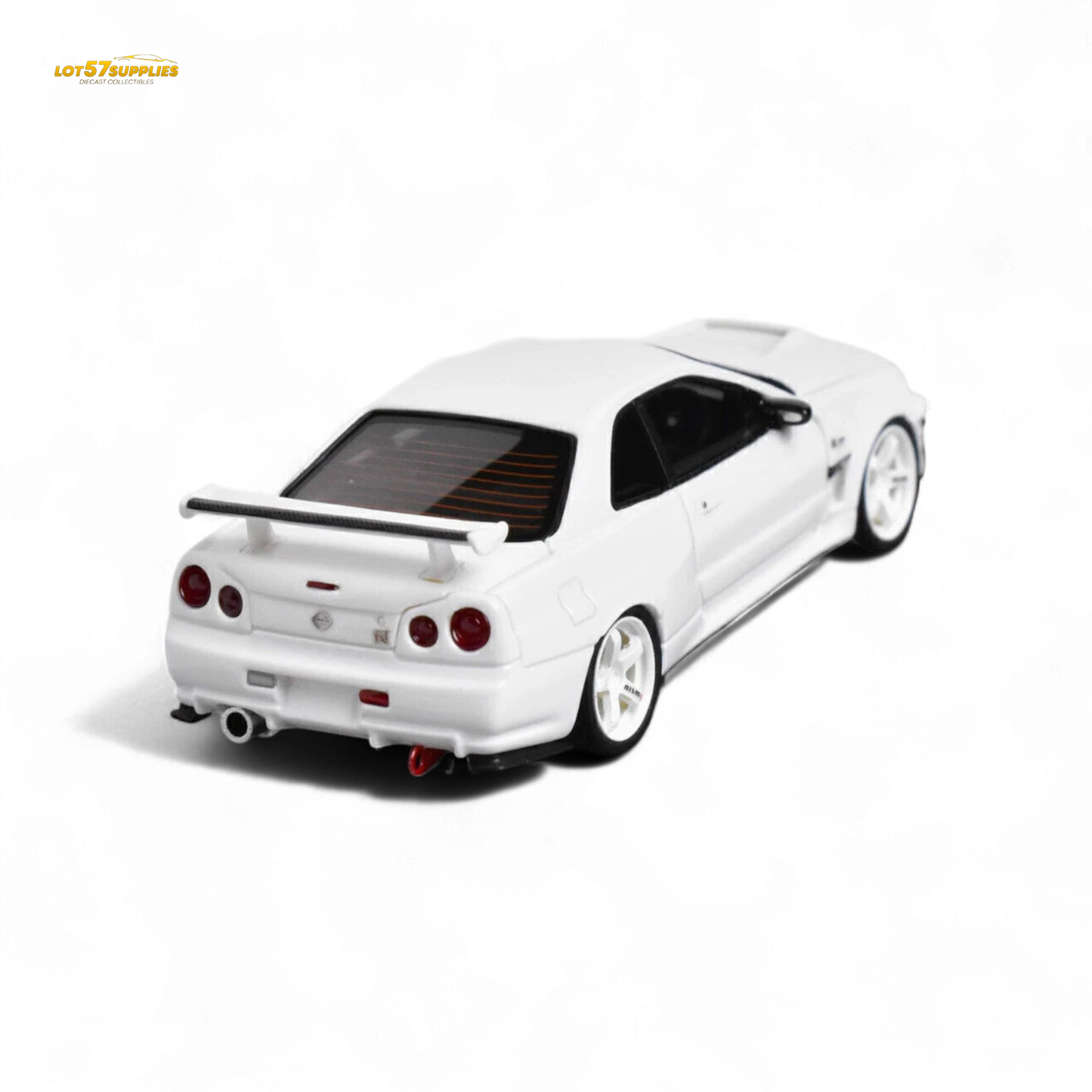 White 1:64 Nissan Skyline GT-R R34 diecast model by Lot57Supplies Diecast Shop featuring customized details and realistic design.