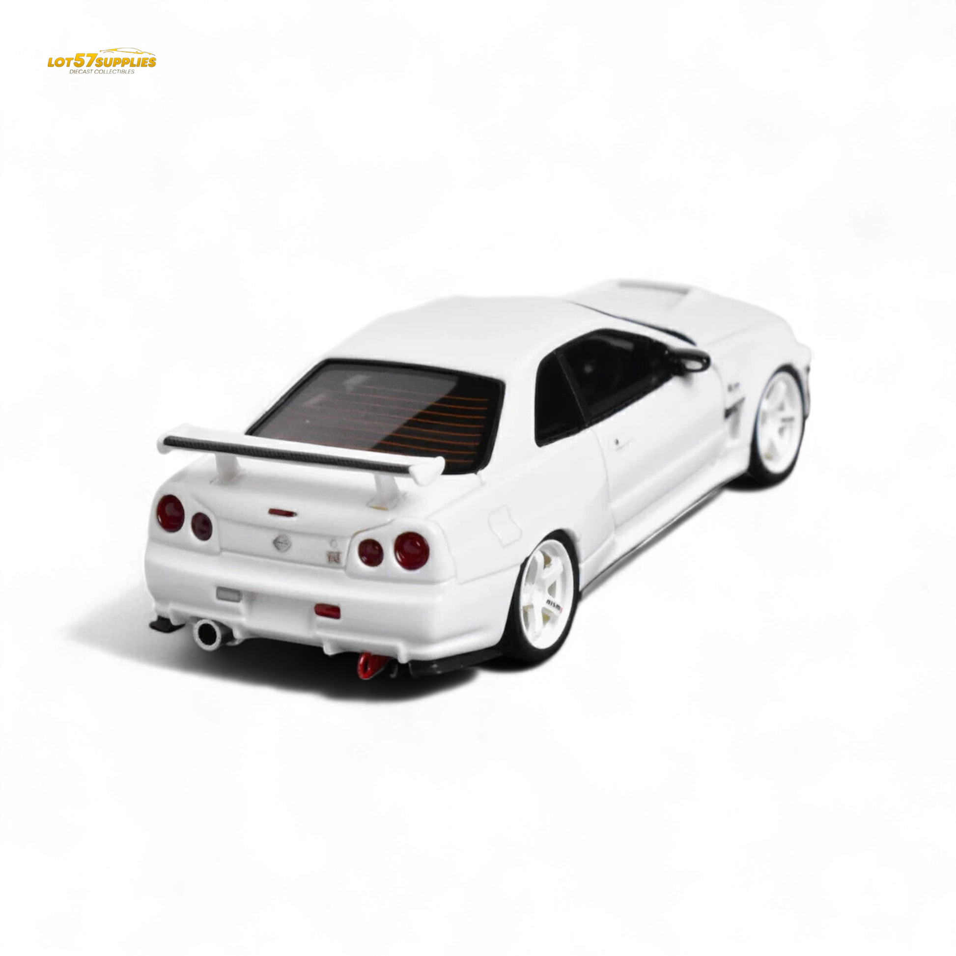 White 1:64 Nissan Skyline GT-R R34 diecast model by Lot57Supplies Diecast Shop featuring customized details and realistic design.