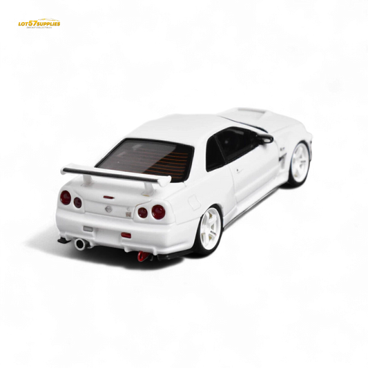 White 1:64 Nissan Skyline GT-R R34 diecast model by Lot57Supplies Diecast Shop featuring customized details and realistic design.