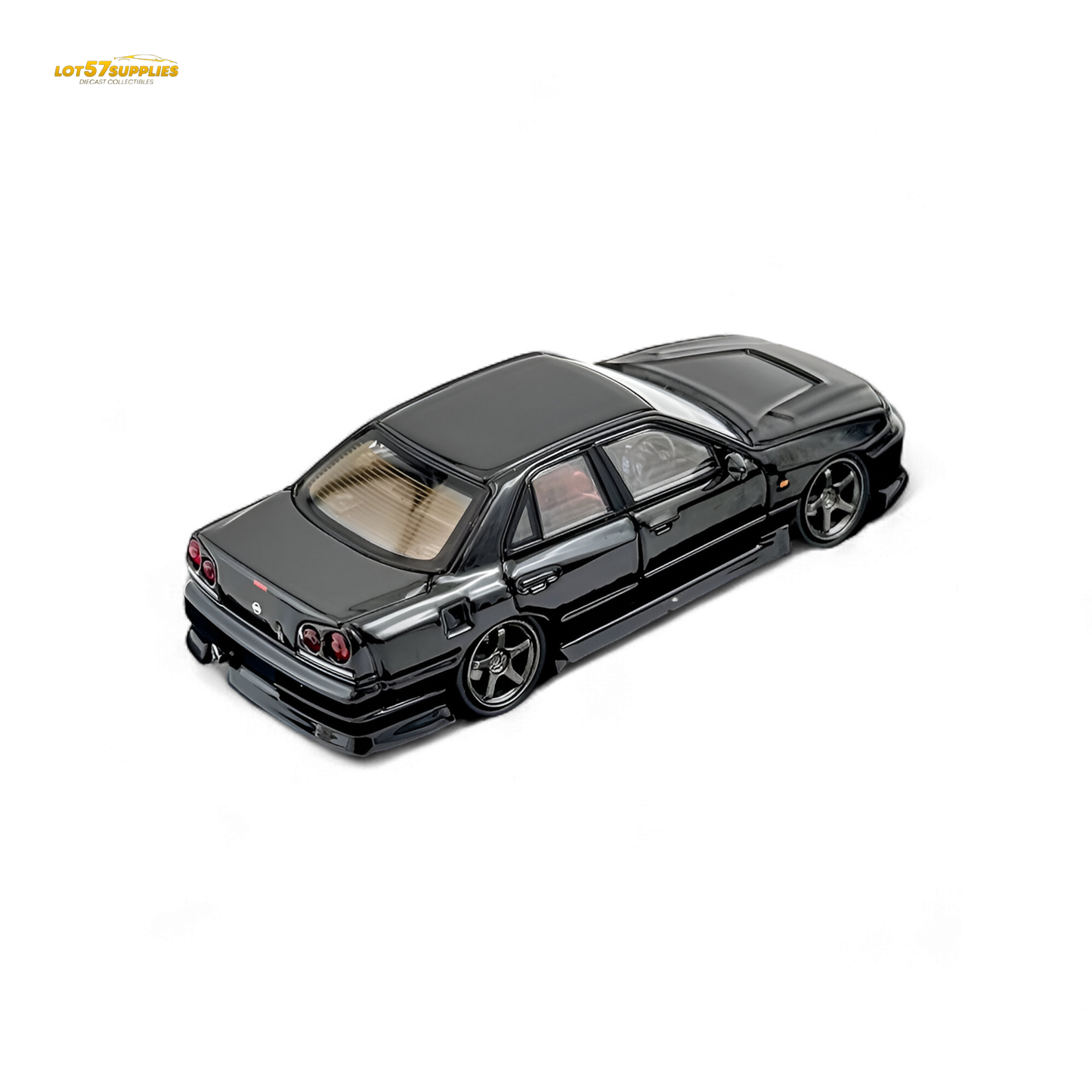 Metallic black Nissan Skyline ER34 Uras diecast model in 1:64 scale, detailed black exterior with visible roof and side features.