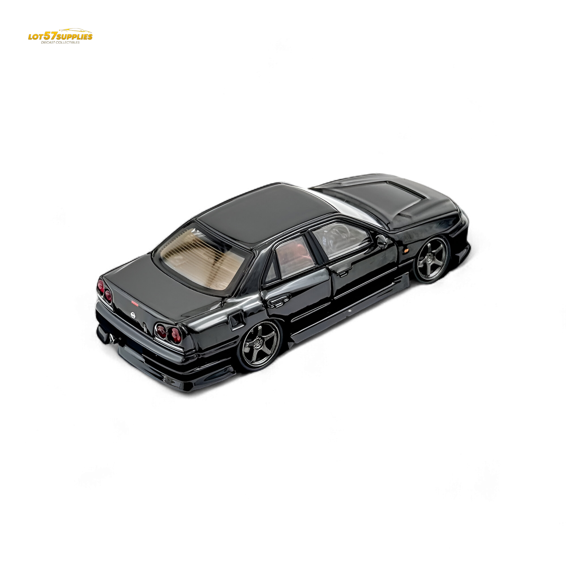 Metallic black Nissan Skyline ER34 Uras diecast model in 1:64 scale, detailed black exterior with visible roof and side features.