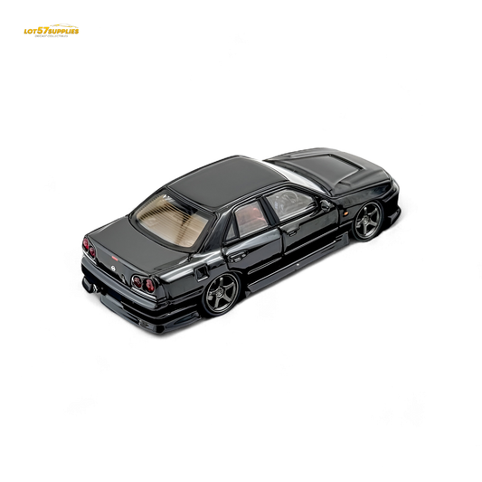 Metallic black Nissan Skyline ER34 Uras diecast model in 1:64 scale, detailed black exterior with visible roof and side features.