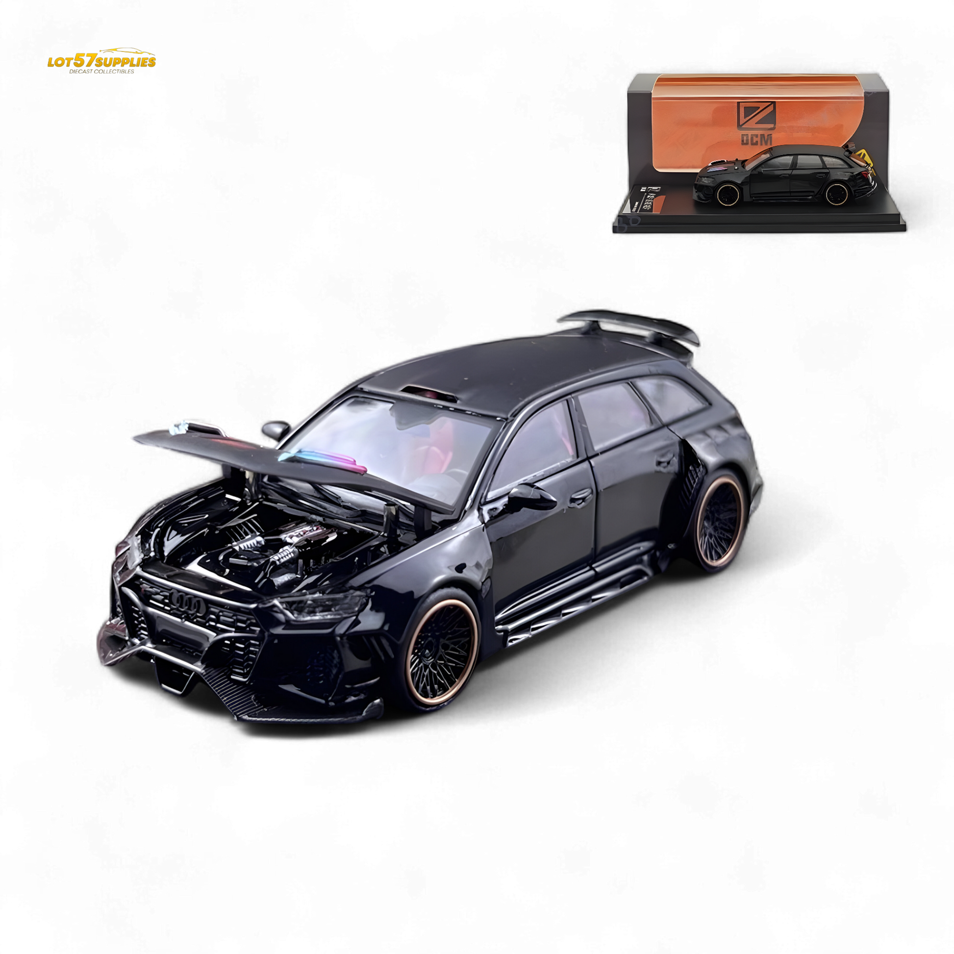 Metallic black Audi RS6 Wagon diecast model by Lot57Supplies, detailed 1:64 scale miniature with realistic features.