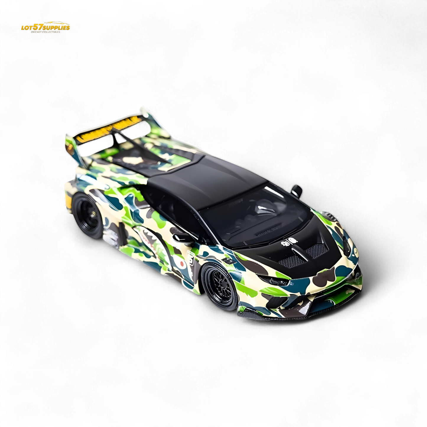 Lamborghini Huracan LP610-4 diecast model by Lot57Supplies, wide-body Camouflage design, detailed 1:64 scale car image
