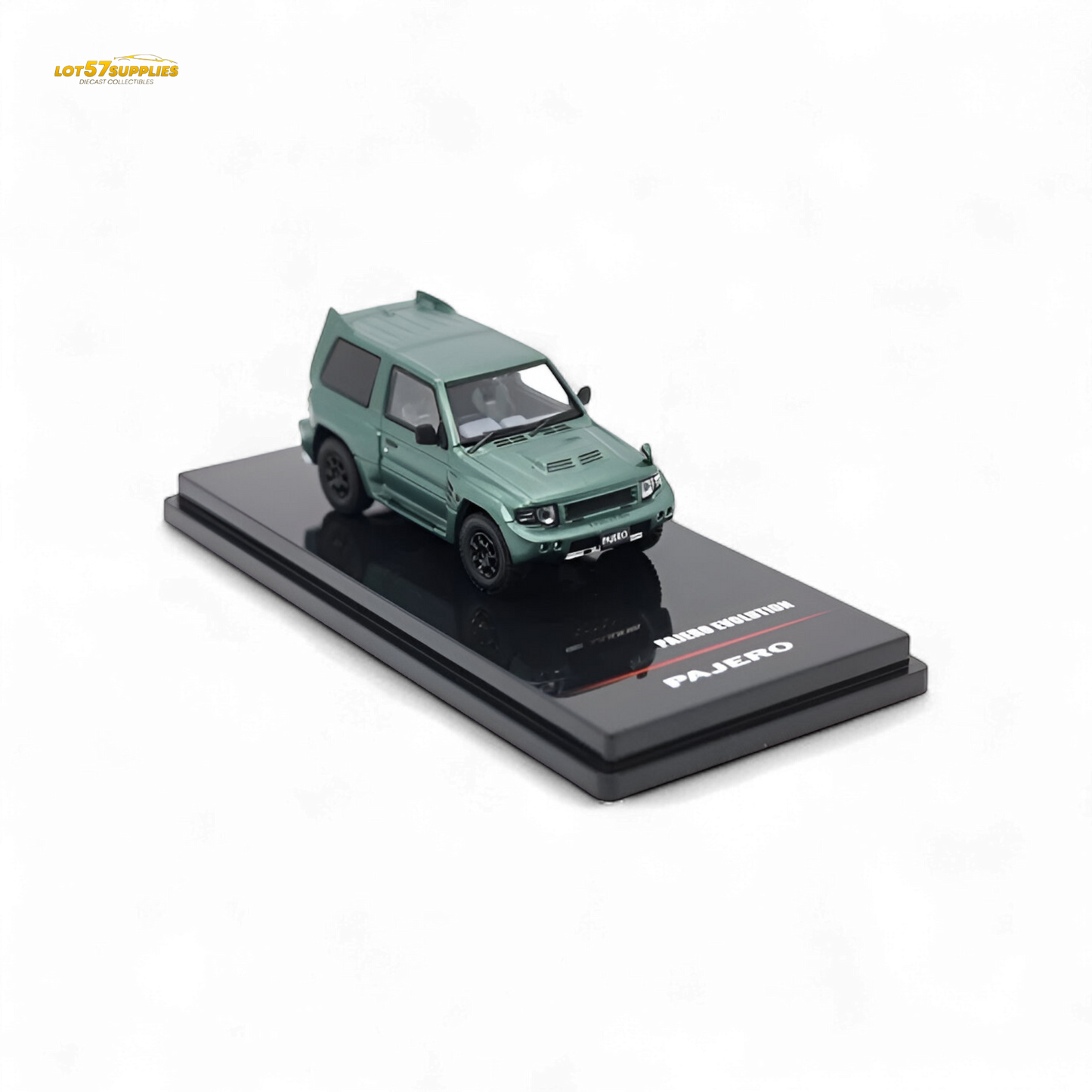 Satin green Inno64 Mitsubishi Pajero Evolution diecast model car, detailed miniature vehicle in 1:64 scale.