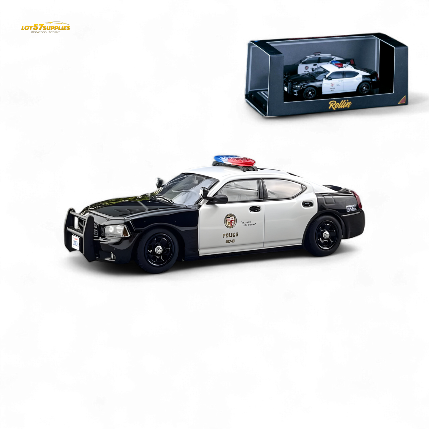 Dodge Rollin Dodge Charger 06 LAPD diecast model in white with police decals, detailed interior and realistic design.
