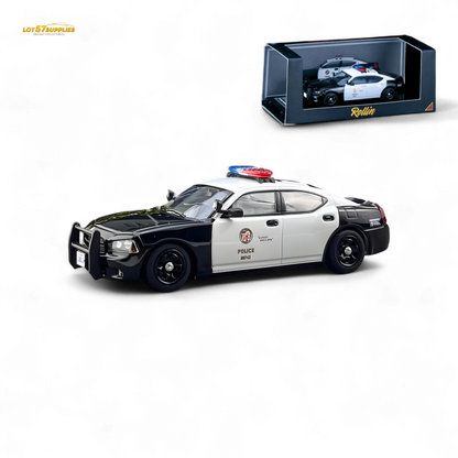 Dodge Rollin Dodge Charger 06 LAPD diecast model in white with police decals, detailed interior and realistic design.