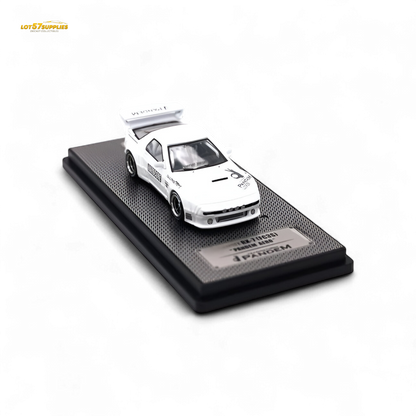 White Inno64 Mazda RX-7 FC3S Pandem Aero diecast model car, detailed 1:64 scale, showcasing aerodynamic body and distinctive Mazda design.