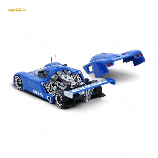 Blue Nissan R89C 1:64 diecast model from Inno64, detailed blue race car with championship livery, displayed on a white background.