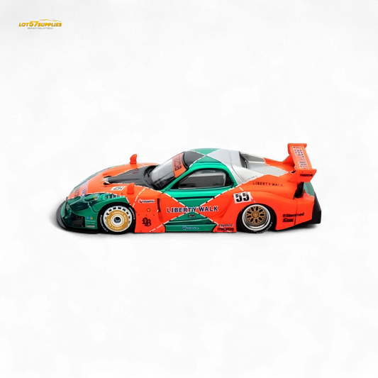 Diecast Mazda RX-7 LBWK FD3S model in orange and green, 1:64 scale, from Inno64 with detailed exterior features.