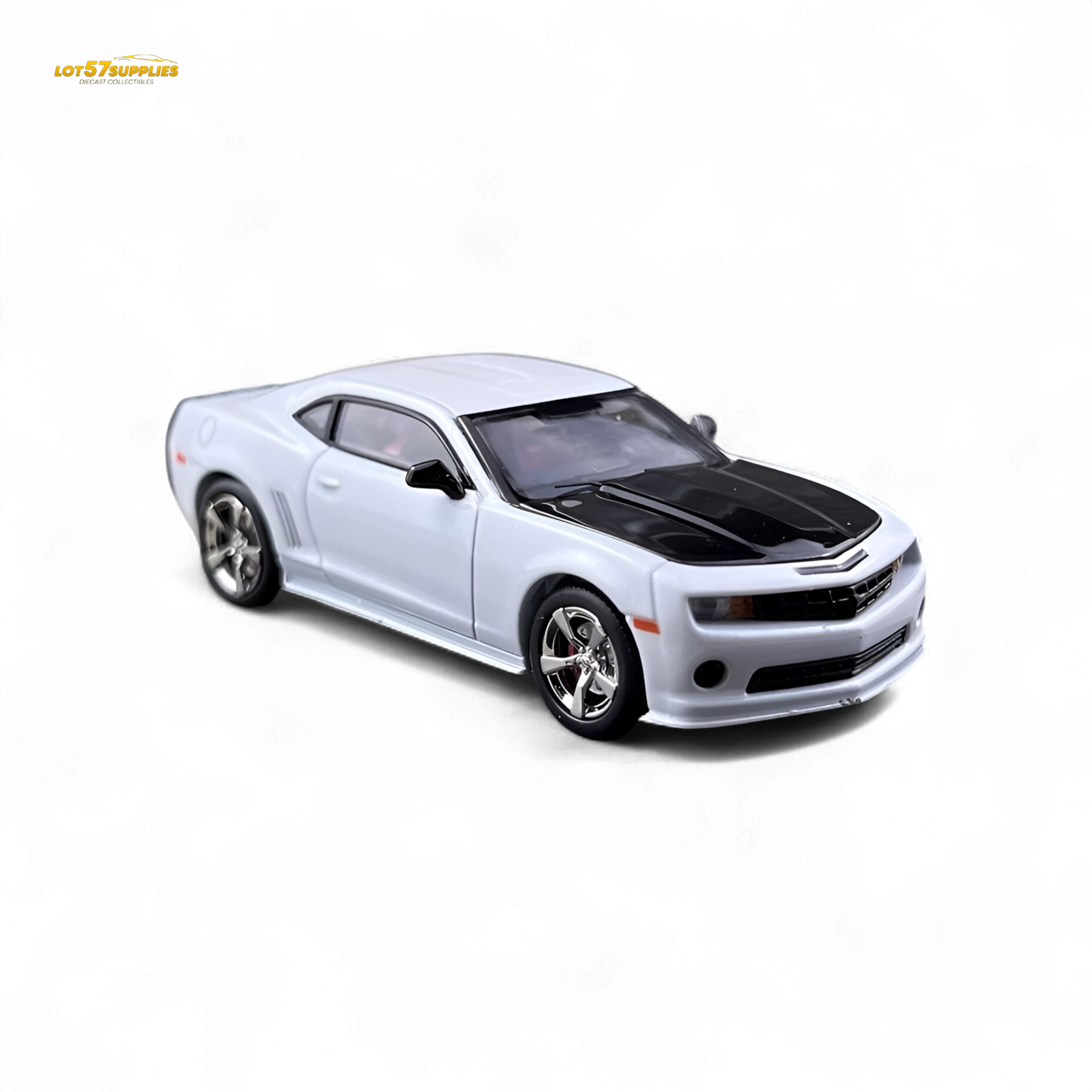Pearl white 1:64 scale Chevrolet Camaro Bumblebee diecast car by Lot57Supplies Diecast Shop, detailed view of the collectible model.