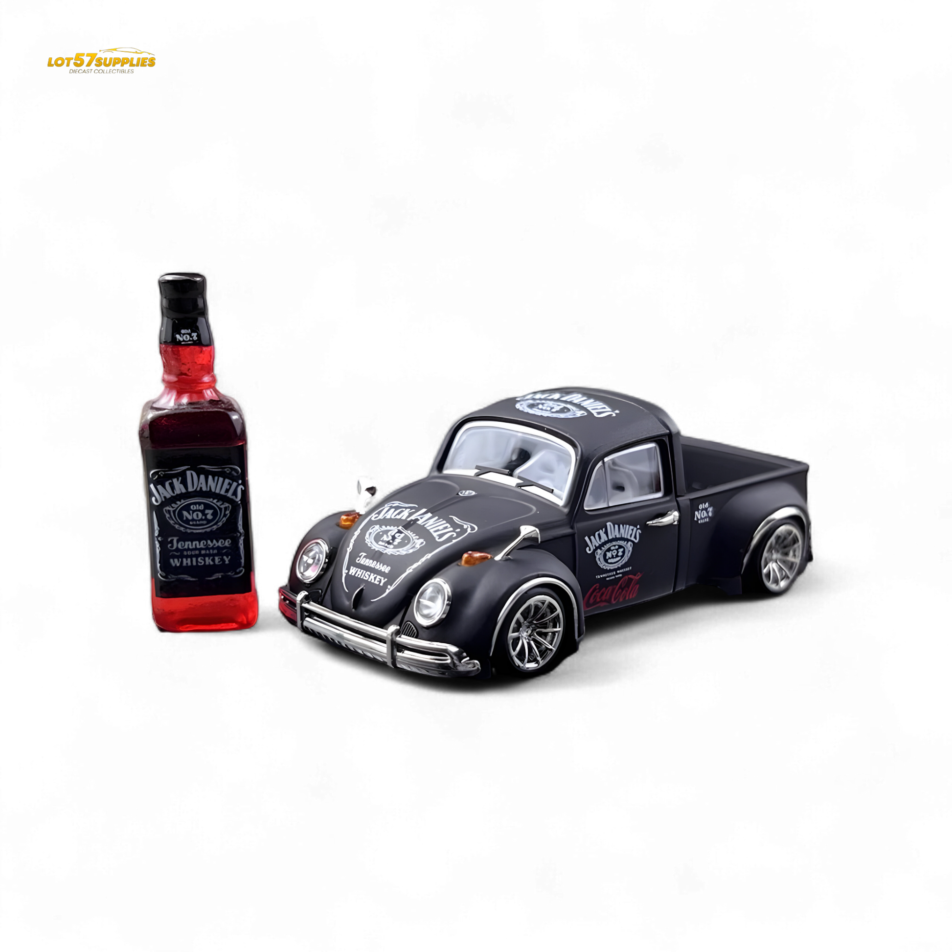 Volkswagen Liberty 64 Beetle Pickup diecast model in Jack Daniel's livery, detailed 1:64 scale collectible by Lot57Supplies Diecast Shop