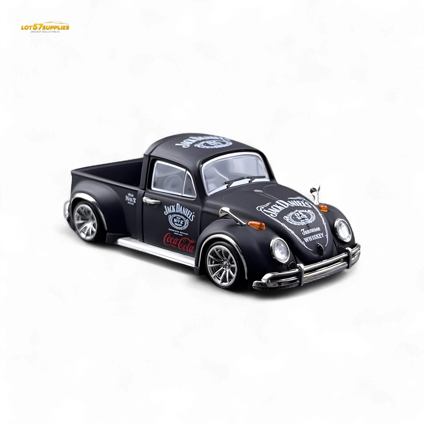 Volkswagen Liberty 64 Beetle Pickup diecast model in Jack Daniel's livery, detailed 1:64 scale collectible by Lot57Supplies Diecast Shop