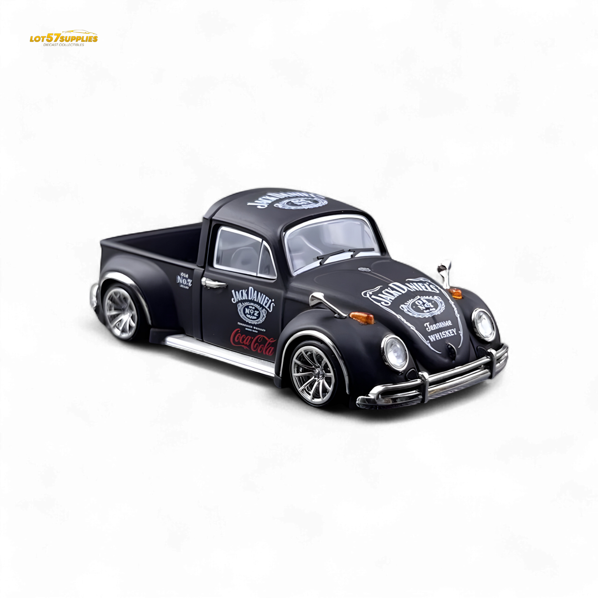 Volkswagen Liberty 64 Beetle Pickup diecast model in Jack Daniel's livery, detailed 1:64 scale collectible by Lot57Supplies Diecast Shop
