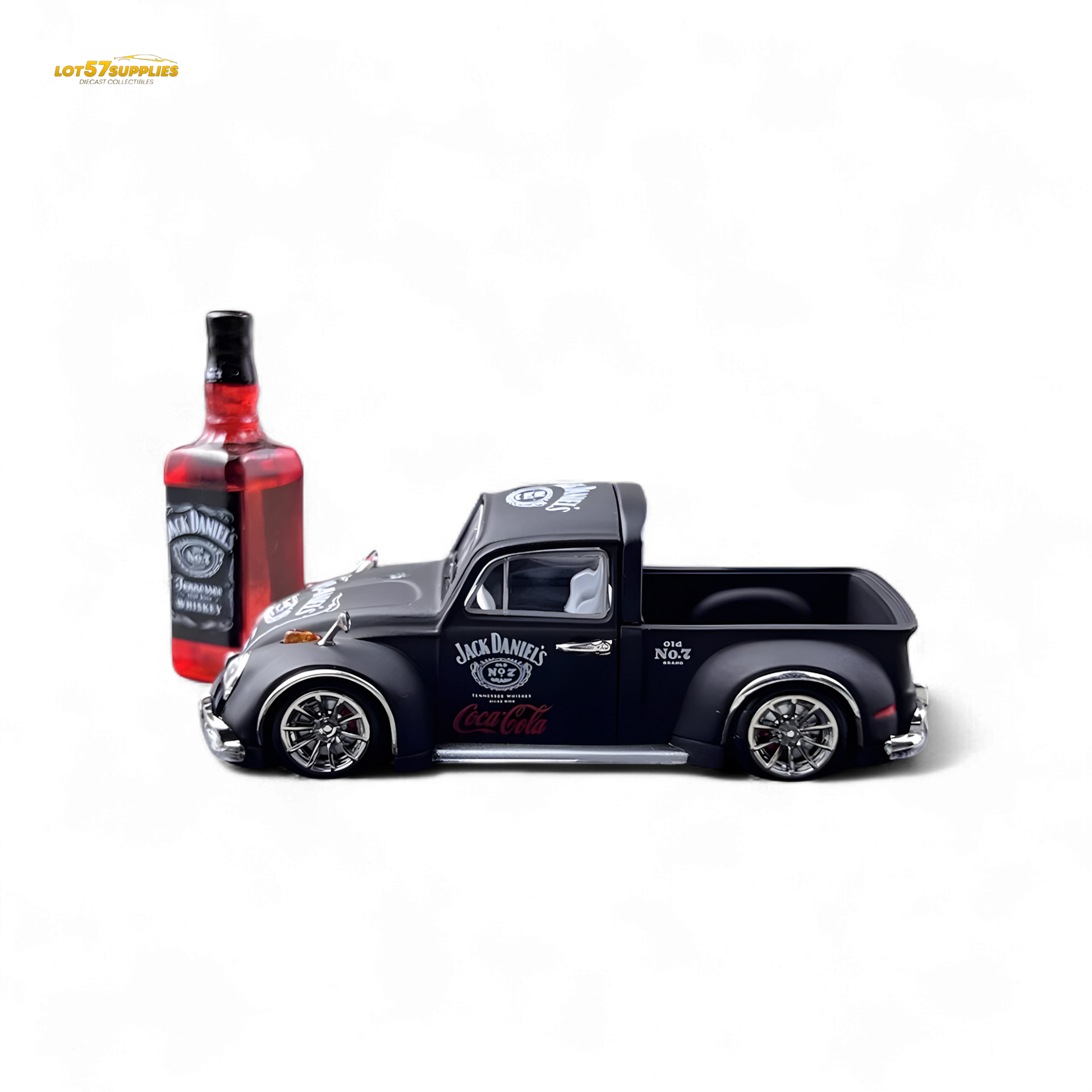Volkswagen Liberty 64 Beetle Pickup diecast model in Jack Daniel's livery, 1:64 scale, detailed vintage design.