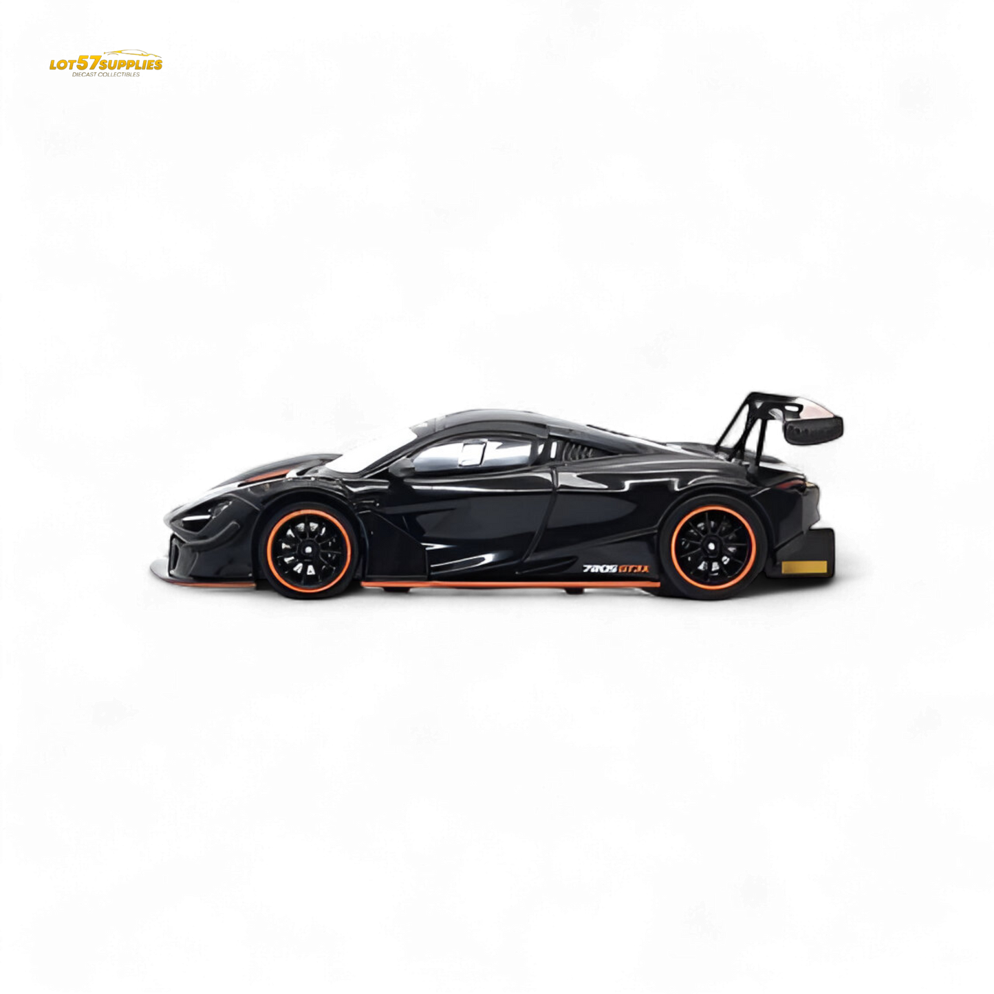 Black McLaren 720S GT3X diecast model in 1:64 scale by Lot57Supplies Diecast Shop, detailed miniature car, front view with visible design features.