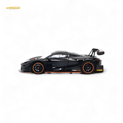Black McLaren 720S GT3X diecast model in 1:64 scale by Lot57Supplies Diecast Shop, detailed miniature car, front view with visible design features.
