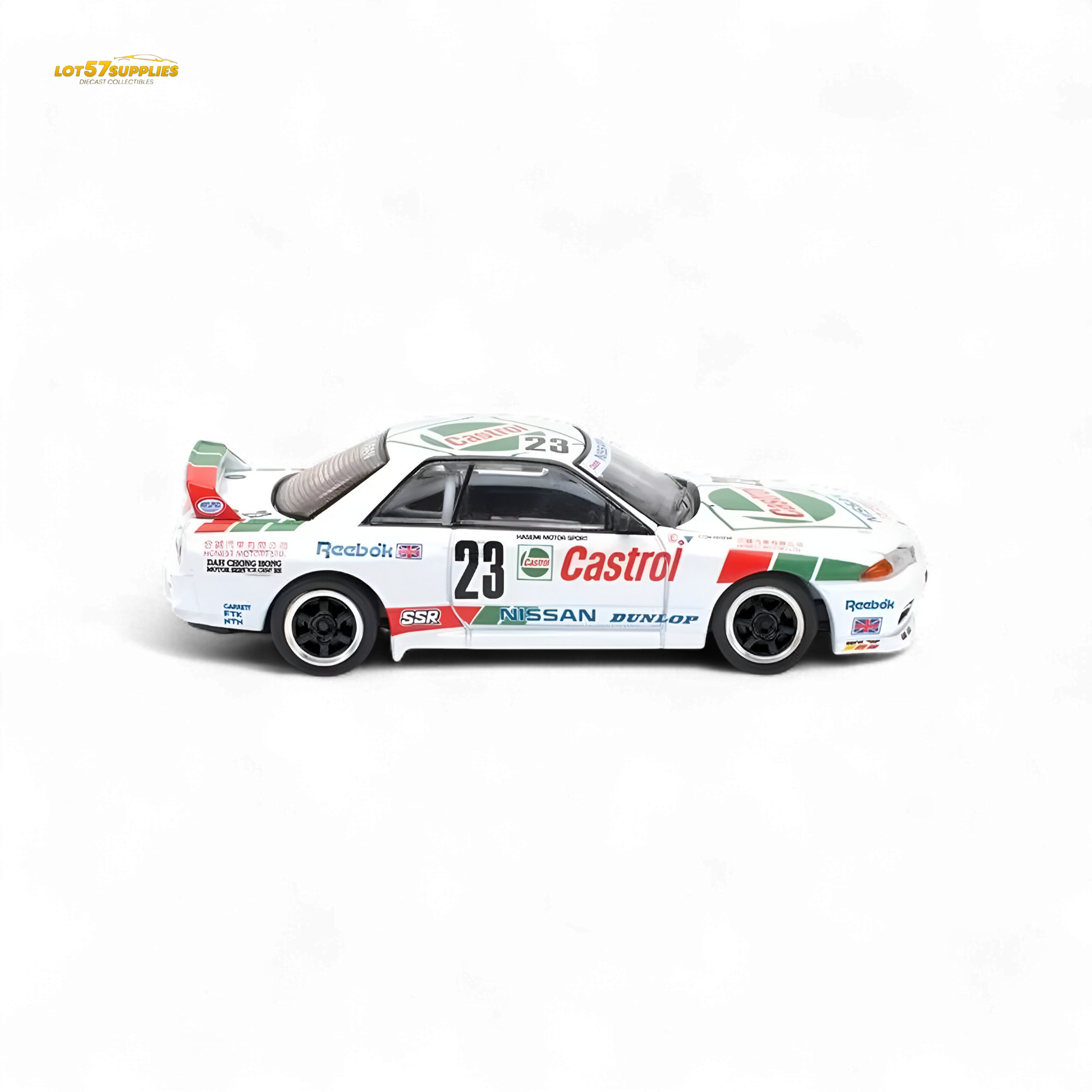 White Nissan Poprace GT-R R32 Macau Guia Race 1990 winner diecast model, detailed 1:64 scale car.