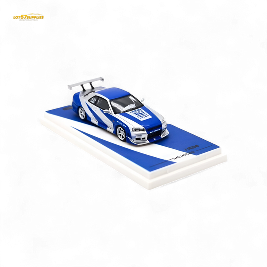 TimeMicro Skyline GT-R R34 Blue Silver 1:64 - Evergreen Kings