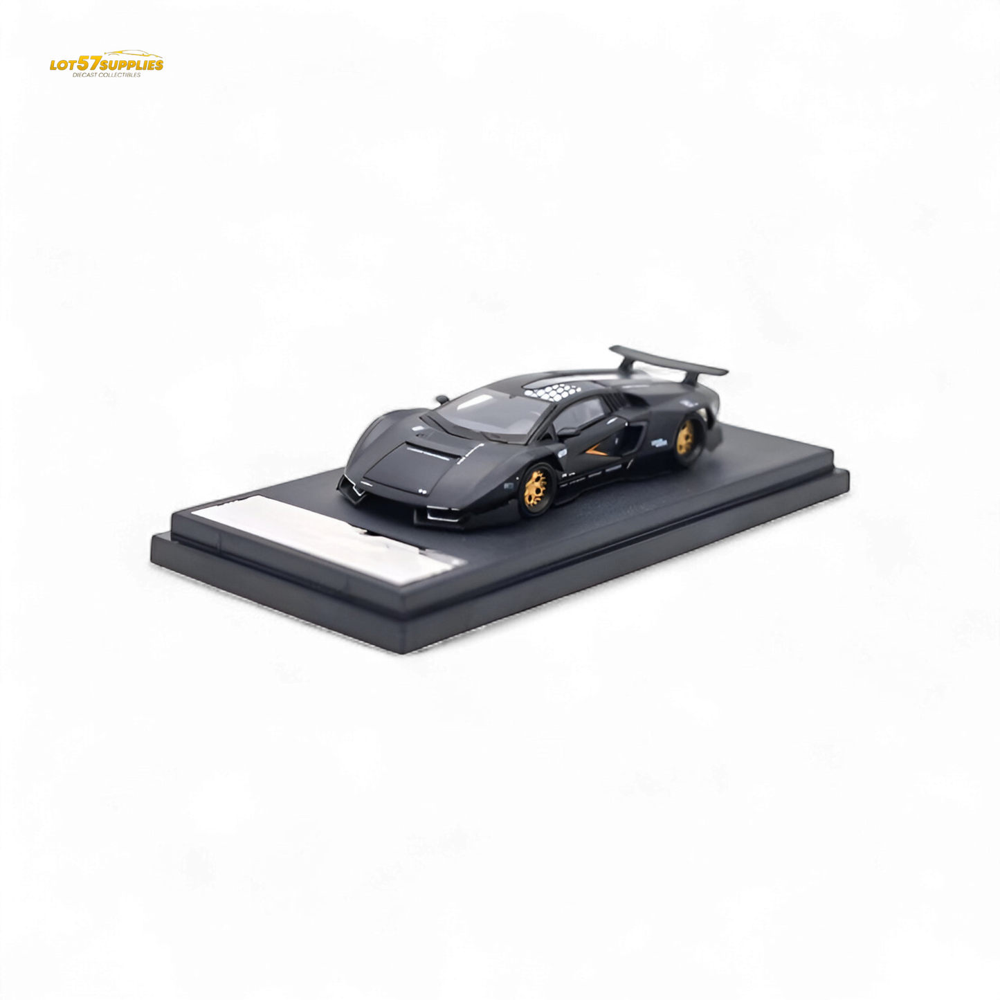 Black Lamborghini TimeMicro Countach 1:64 diecast model by Lot57Supplies Diecast Shop, detailed miniature car on a white background.