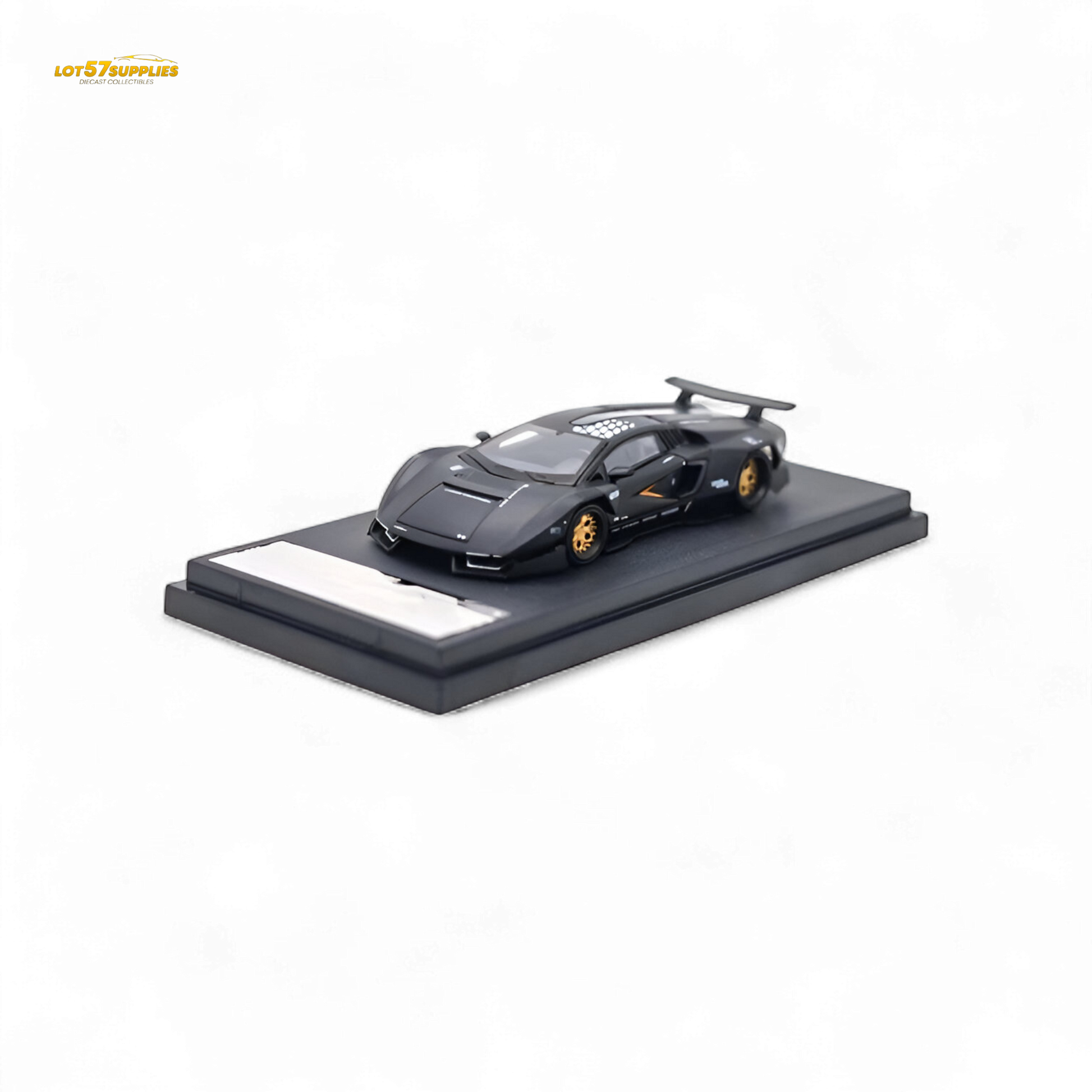 Black Lamborghini TimeMicro Countach 1:64 diecast model by Lot57Supplies Diecast Shop, detailed miniature car on a white background.