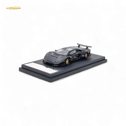 Black Lamborghini TimeMicro Countach 1:64 diecast model by Lot57Supplies Diecast Shop, detailed miniature car on a white background.