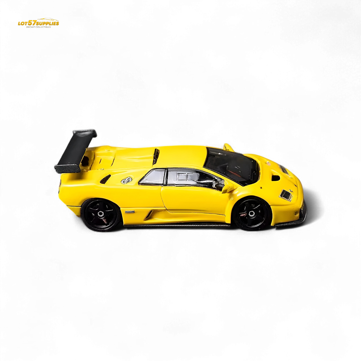 Yellow Lamborghini Diablo GT-R diecast model by Lot57Supplies, detailed 1:64 scale collectible car with sleek design.