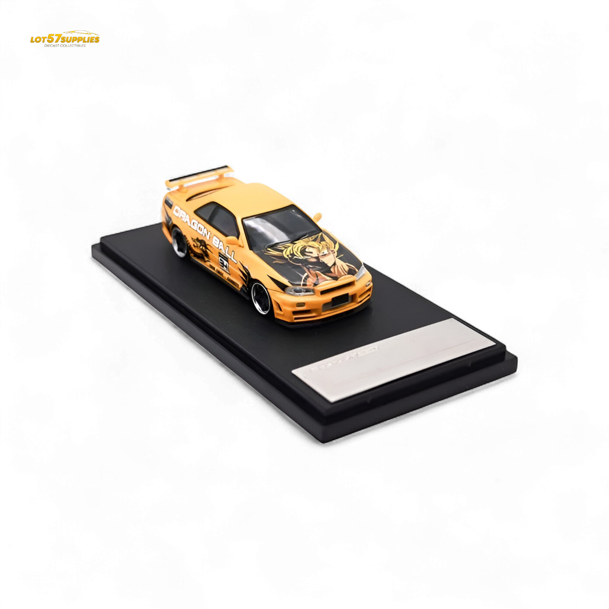Orange Nissan Skyline R34 GT-R diecast car, 1:64 scale with detailed dragon design, by Lot57Supplies Diecast Shop.