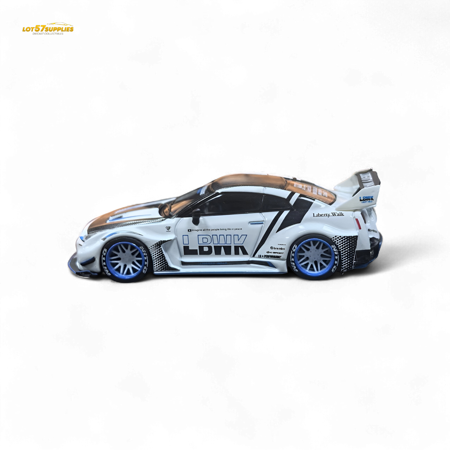 White and blue stripe Nissan GTR R35 diecast model with carbon roof, 1:64 scale from Lot57Supplies Diecast Shop.