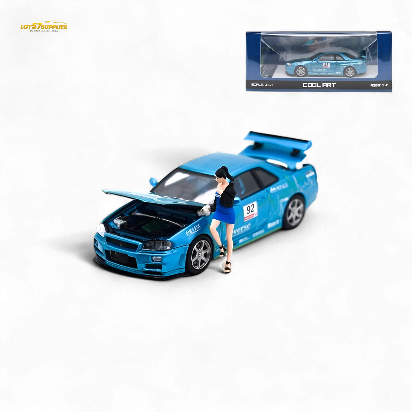 Blue Nissan Skyline R34 diecast model #92 with figure, 1:64 scale, by Lot57Supplies Diecast Shop, showcasing detailed design and vibrant colors.