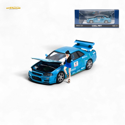 Blue Nissan Skyline R34 diecast model #92 with figure, 1:64 scale, by Lot57Supplies Diecast Shop, showcasing detailed design and vibrant colors.
