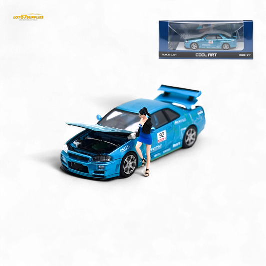Blue Nissan Skyline R34 diecast model #92 with figure, 1:64 scale, by Lot57Supplies Diecast Shop, showcasing detailed design and vibrant colors.